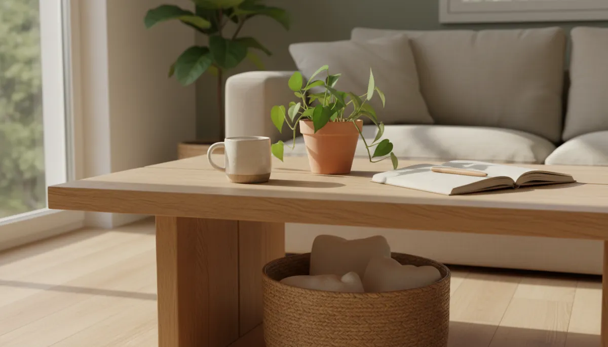 homely living room with coffee table in foreground with cup of tea and plants