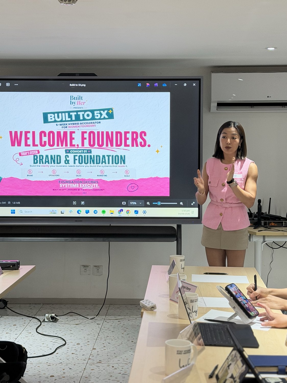 A facilitator presenting the Welcome Founders slide