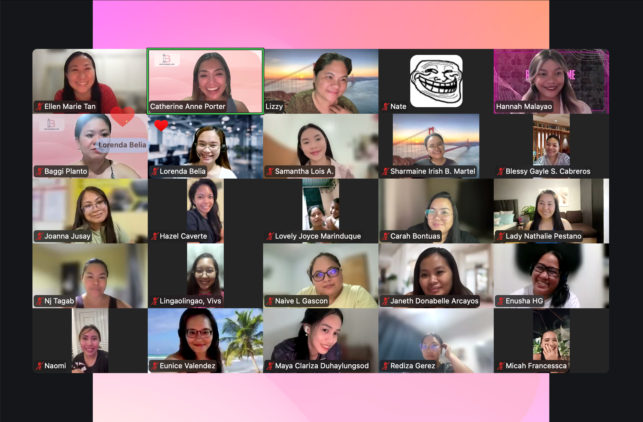 A Zoom call grid showing participants on day two of a live Remote Income Starter Lab batch