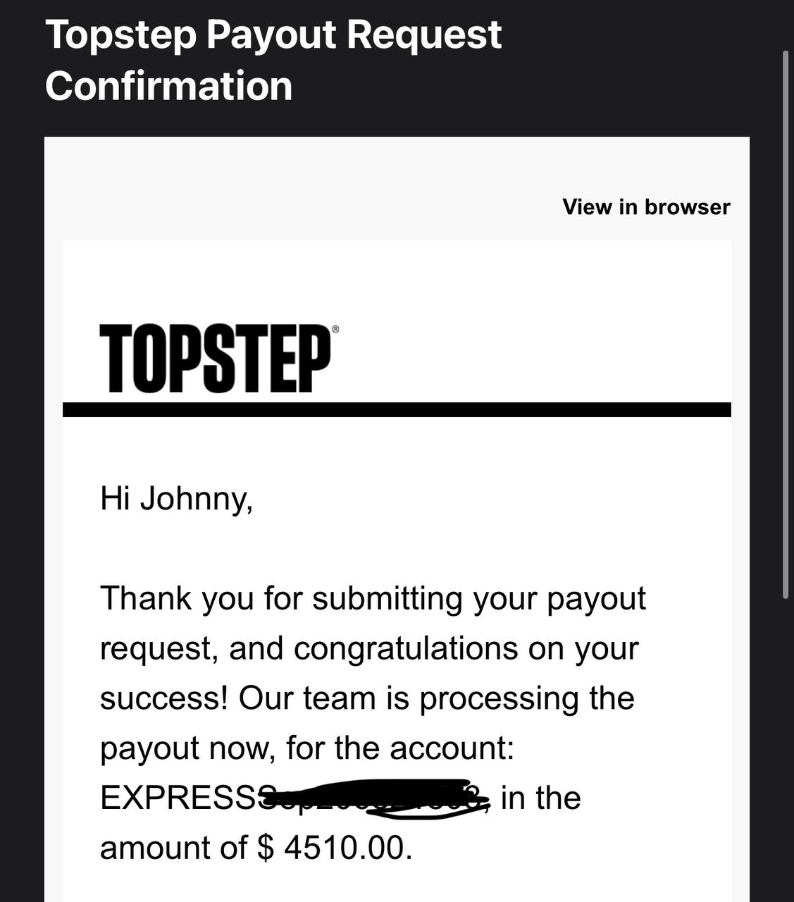 Topstep payout request confirmation for $4,510 — Johnny D.