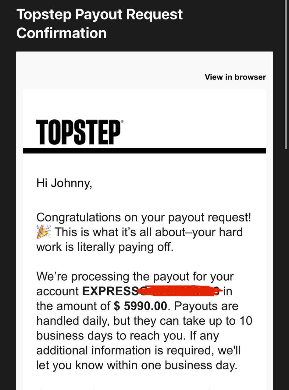 Topstep payout request confirmation for $5,990 — Johnny D.