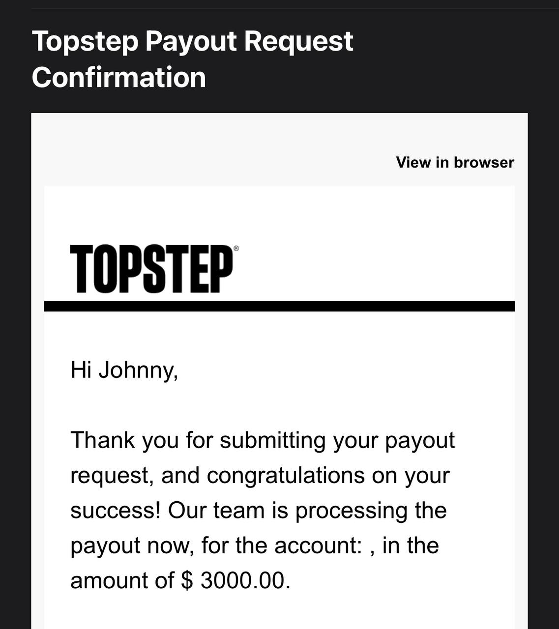 Topstep payout request confirmation for $3,000 — Johnny D.