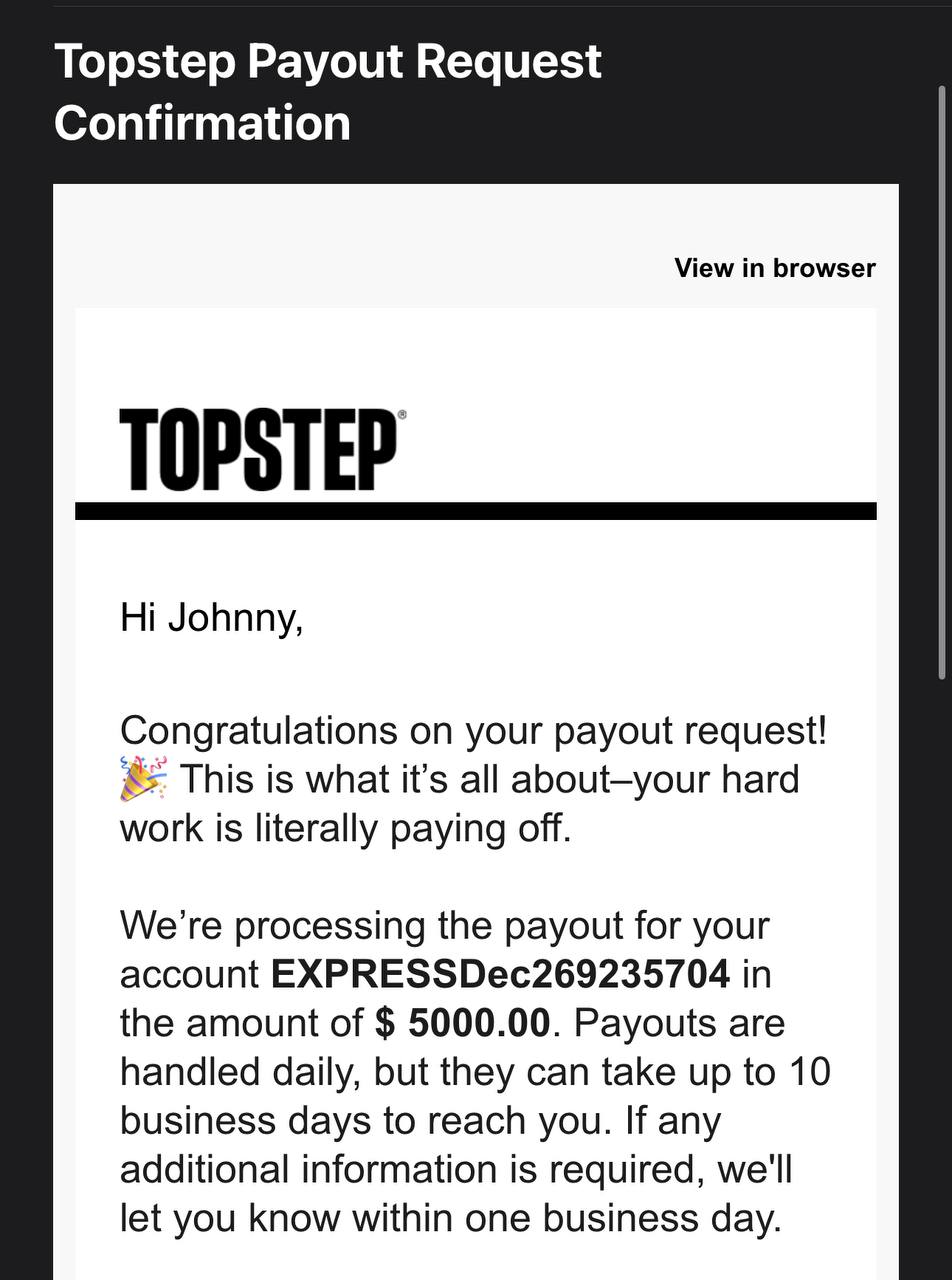 Topstep payout request confirmation for $5,000 on a second Express funded account — Johnny D.