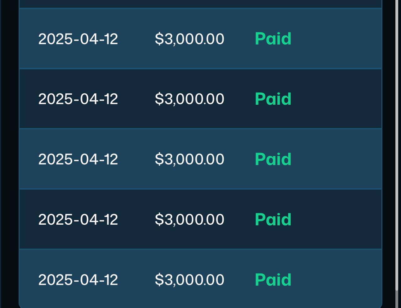 Five separate $3,000 payouts, all paid on April 12, 2025 — Johnny D.
