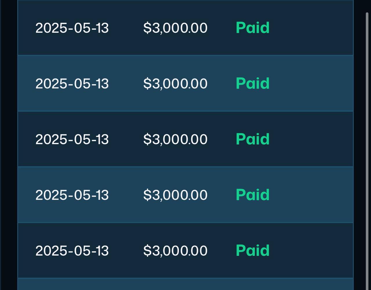 Five more $3,000 payouts, all paid on May 13, 2025 — Johnny D.