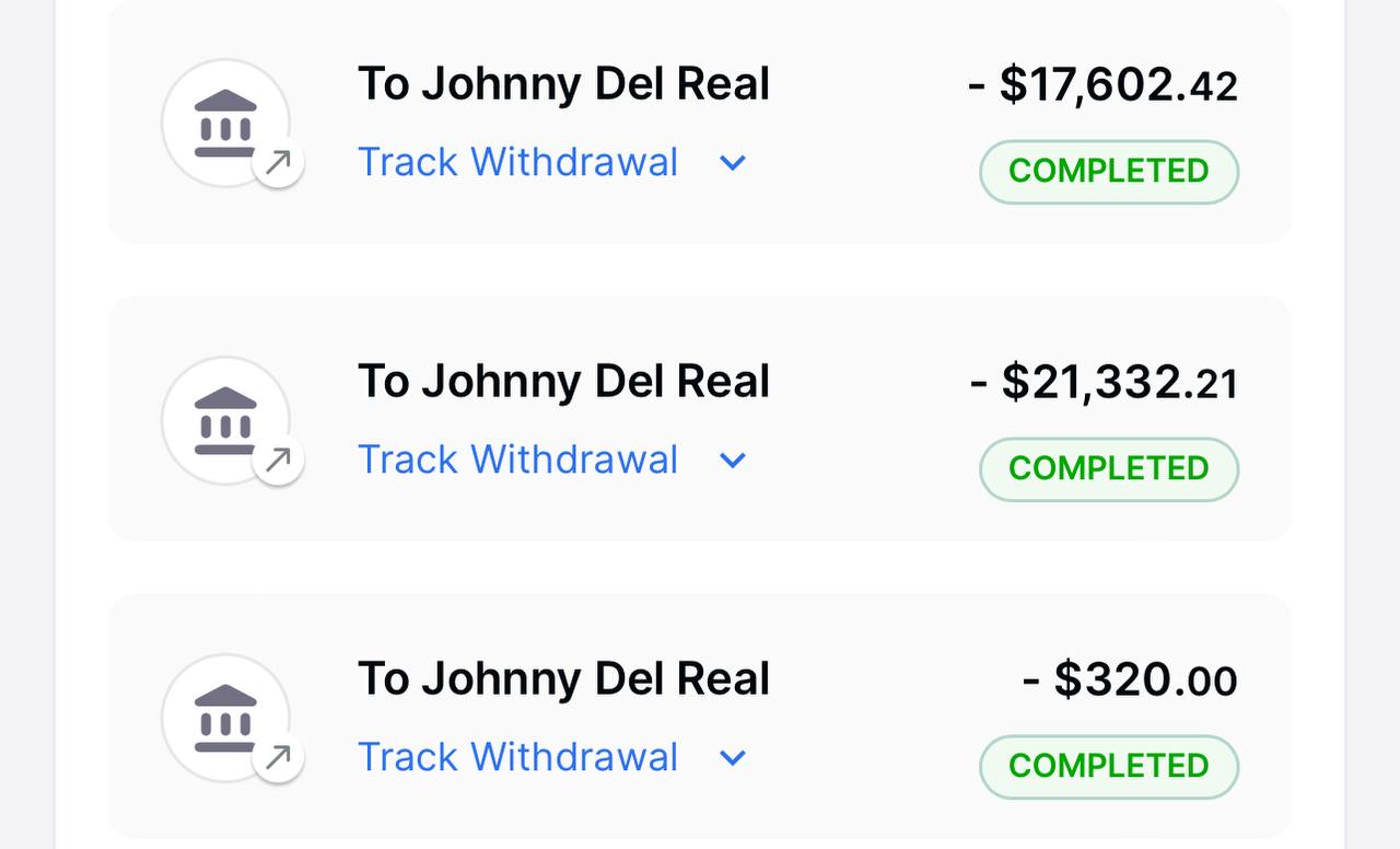 Three completed bank withdrawals to Johnny Del Real totaling $39,254.63