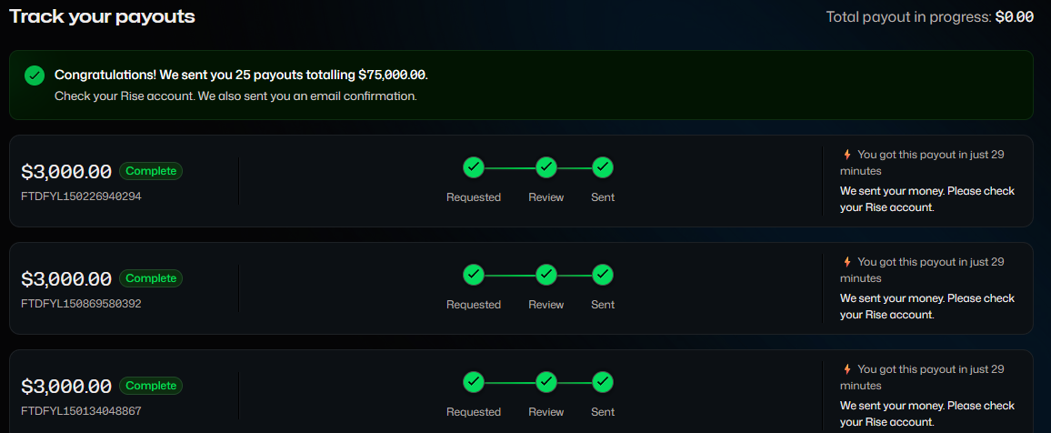 Payout tracker confirming 25 payouts totalling $75,000, each delivered in just 29 minutes — Johnny D.