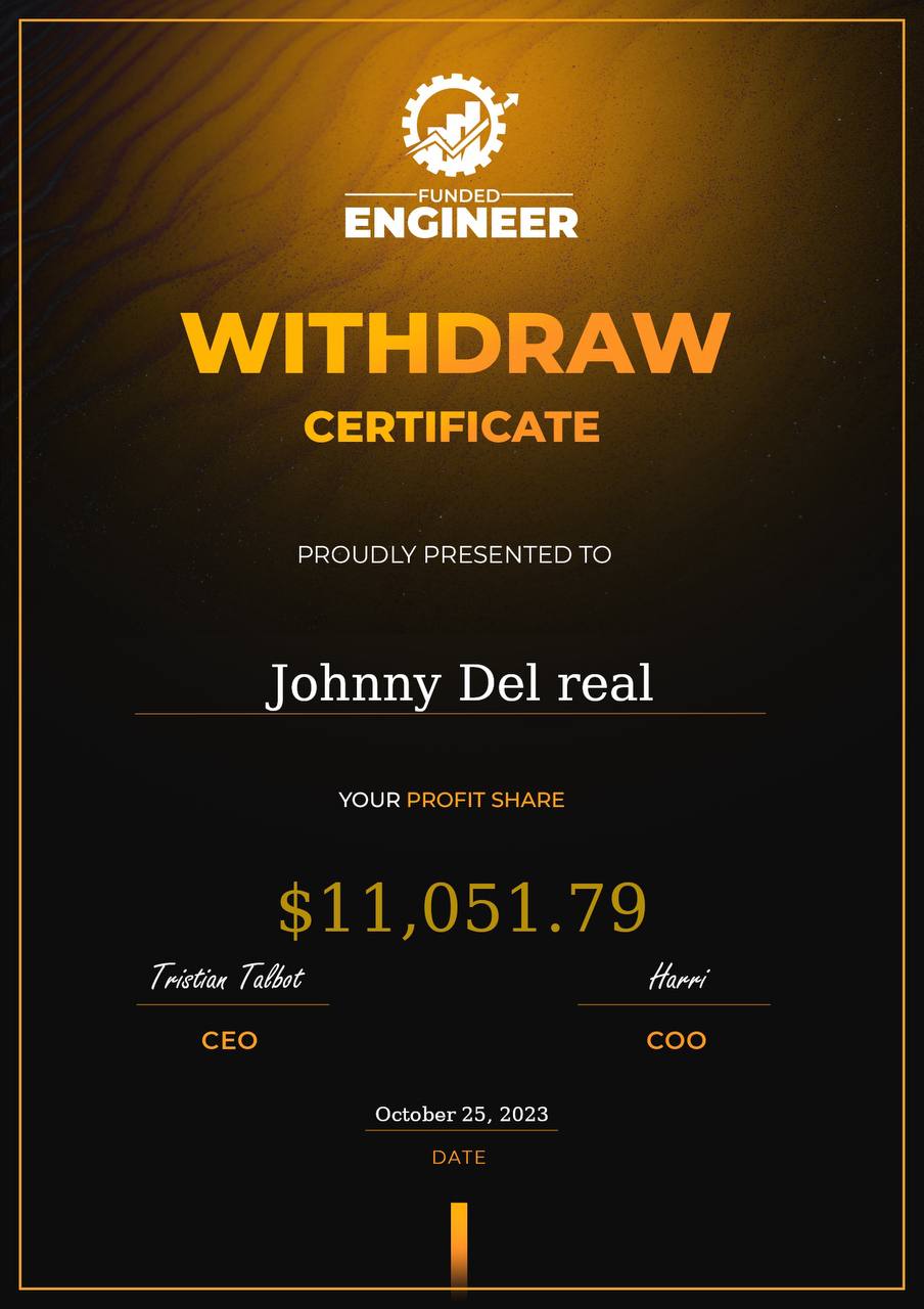 Funded Engineer withdrawal certificate for $11,051.79 — Johnny Del Real, October 25, 2023