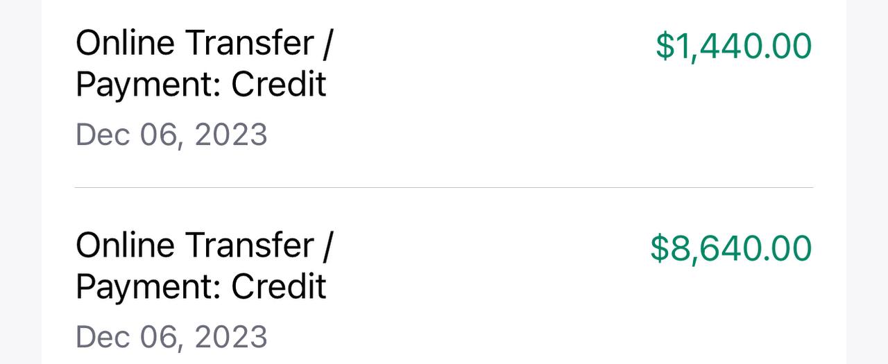 Bank statement showing two online transfer credits of $1,440 and $8,640 posted December 6, 2023 — Johnny D.