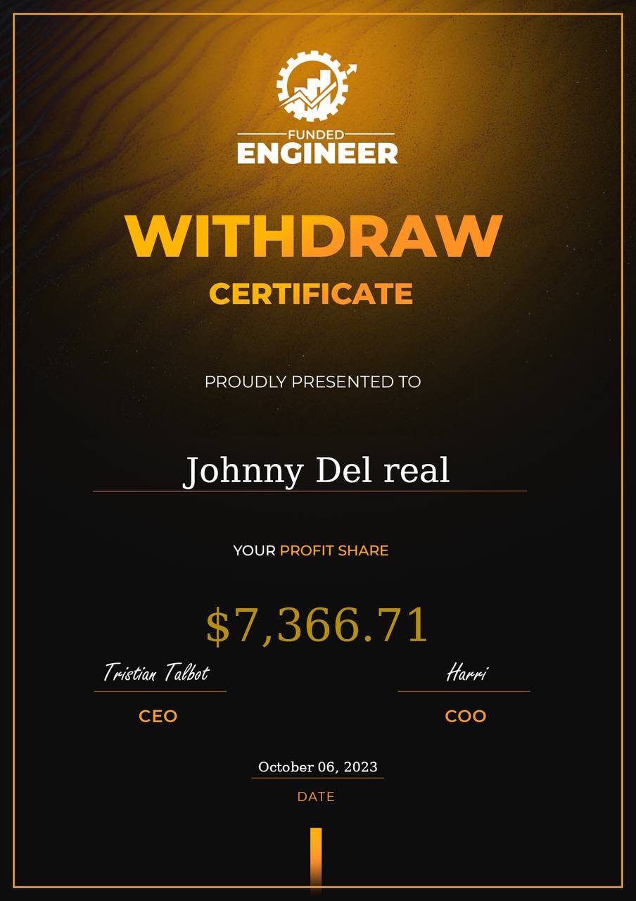 Funded Engineer withdrawal certificate for $7,366.71 — Johnny Del Real, October 6, 2023