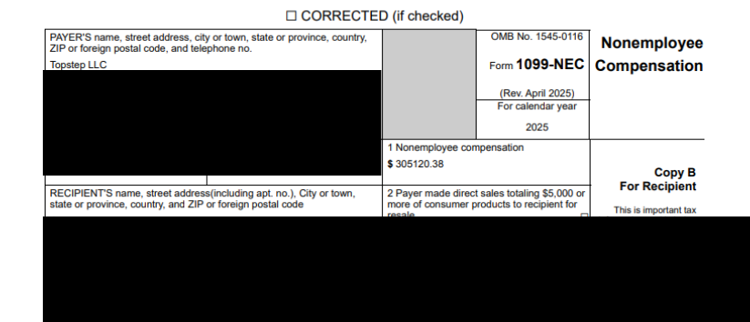 Official 1099-NEC tax form from Topstep LLC reporting $305,120.38 in nonemployee compensation for 2025 — Johnny D.