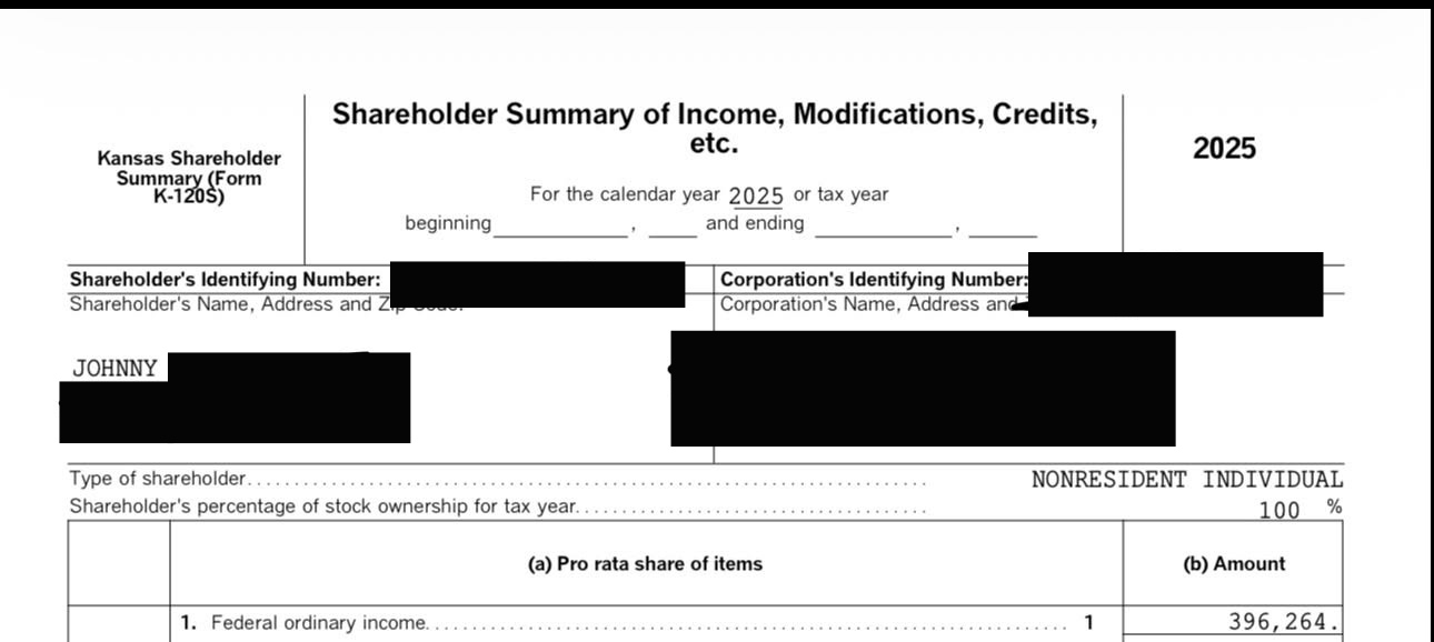 Kansas Shareholder Summary (Form K-120S) reporting $396,264 in federal ordinary income for 2025 — Johnny D.