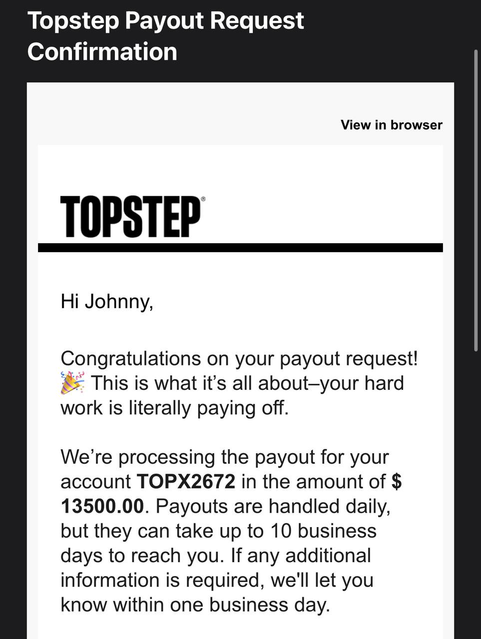 Topstep payout request confirmation for $13,500 on account TOPX2672 — Johnny D.