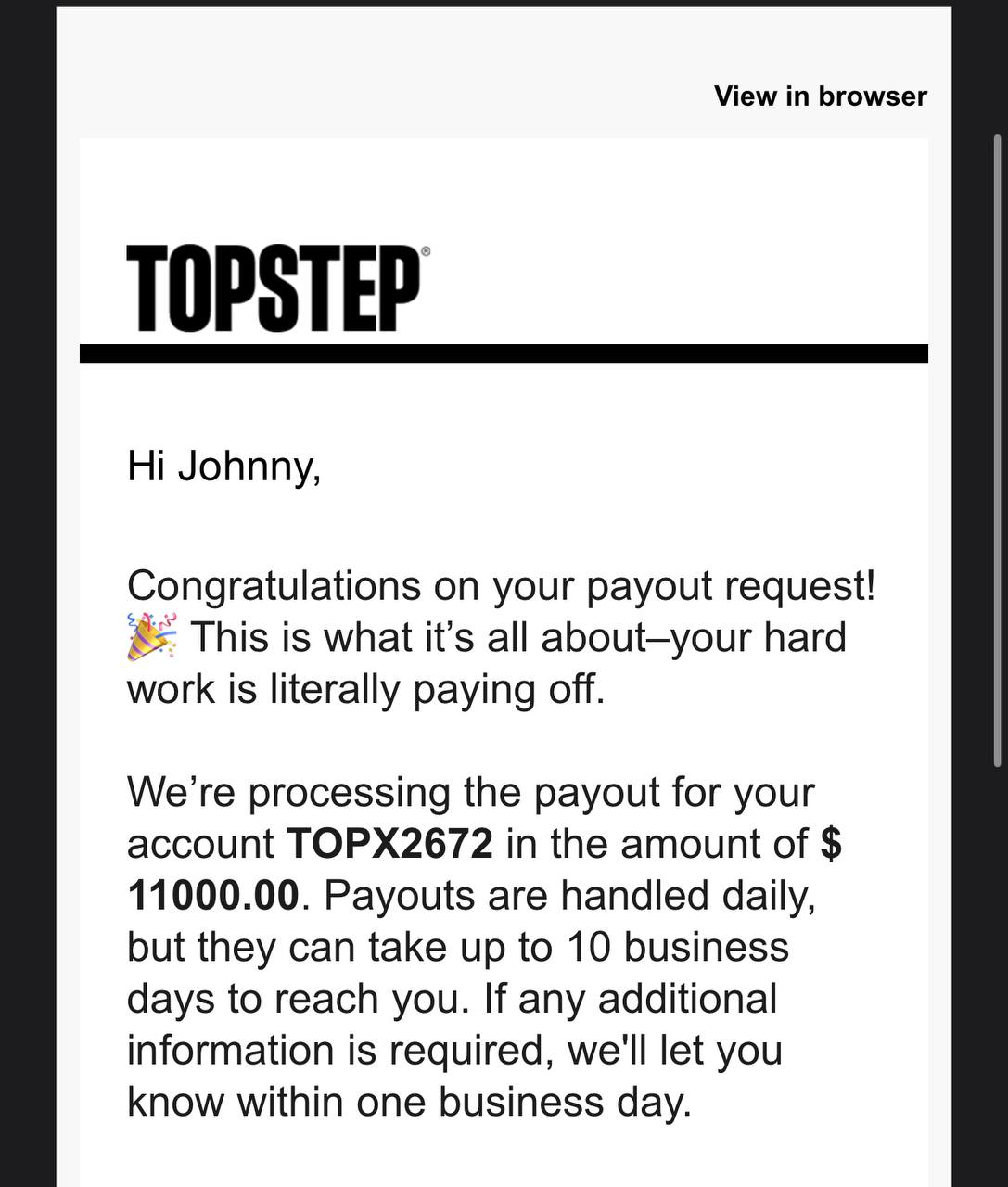 Topstep payout request confirmation for $11,000 on account TOPX2672 — Johnny D.