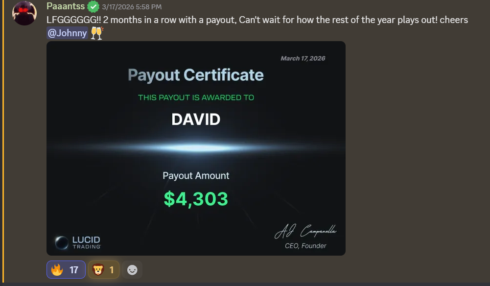 David's Second Straight Payout Month — "Cheers @Johnny" — $4,303 certificate, March 17, 2026