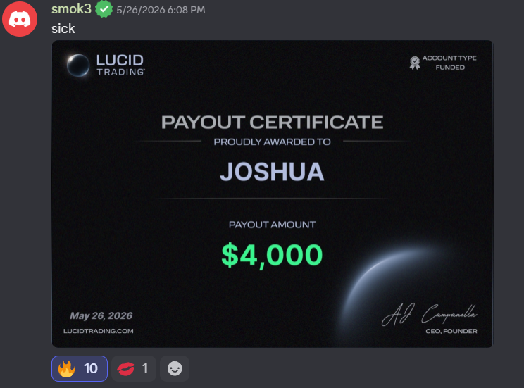 Joshua's $4,000 Payout — Lucid Trading payout certificate, May 26, 2026