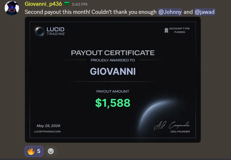 Giovanni's Second Payout This Month — "Couldn't thank you enough @Johnny" — $1,588 certificate
