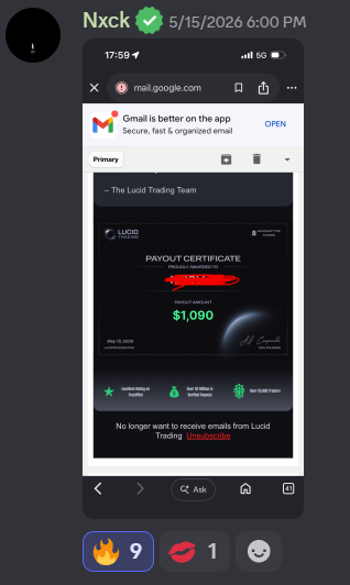 $1,090 Lucid Payout Certificate — Straight from the inbox — another funded trader gets paid