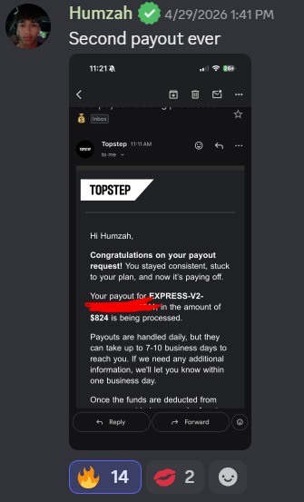 Humzah's Second Payout Ever — $824 Topstep payout — the streak begins