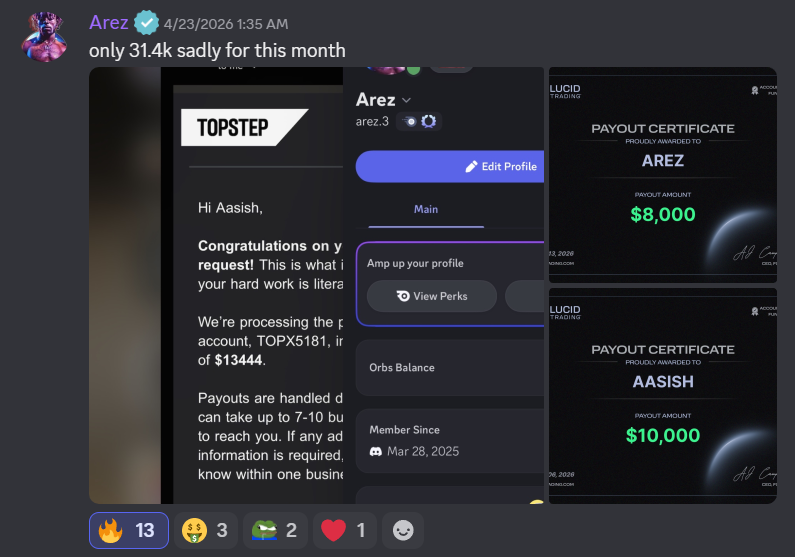 $31,400 Combined Month — Topstep $13,444 plus Lucid certificates for both Arez & Aasish
