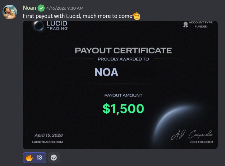 Noa's First Lucid Payout — "Much more to come" — $1,500 certificate, April 15, 2026