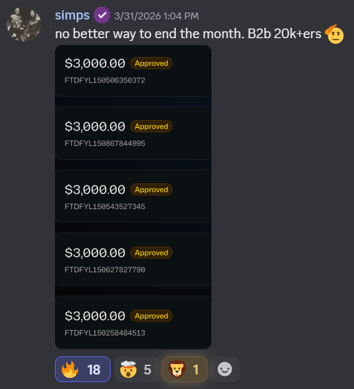 $15,000 Back-To-Back — Five approved $3,000 payouts — "no better way to end the month"
