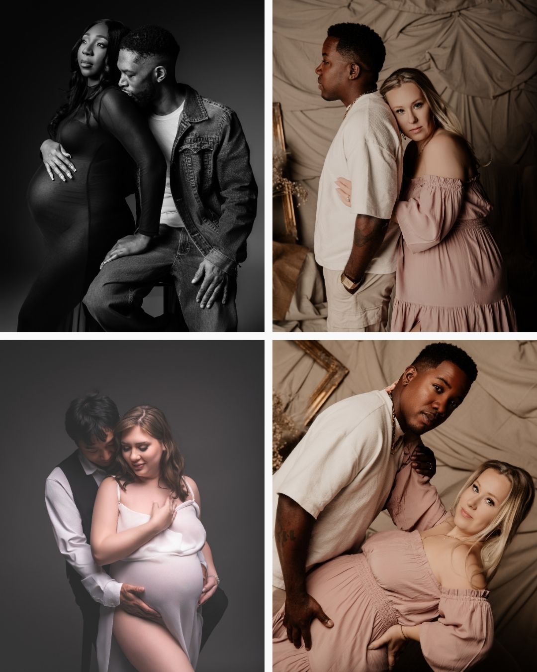 Editorial maternity photography in Atlanta GA with dramatic lighting and couple posing