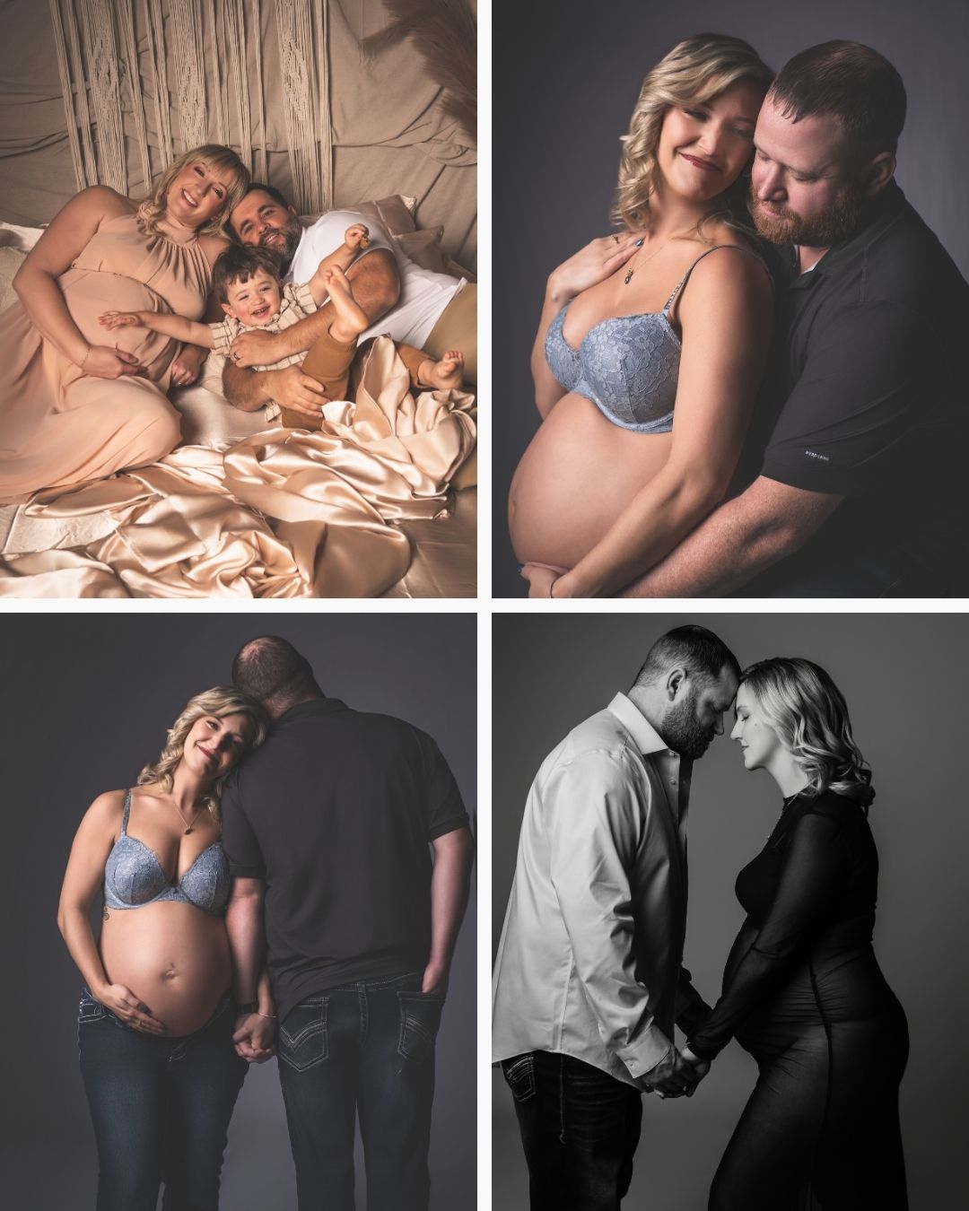 Atlanta maternity photoshoot with couple embracing during pregnancy session in studio