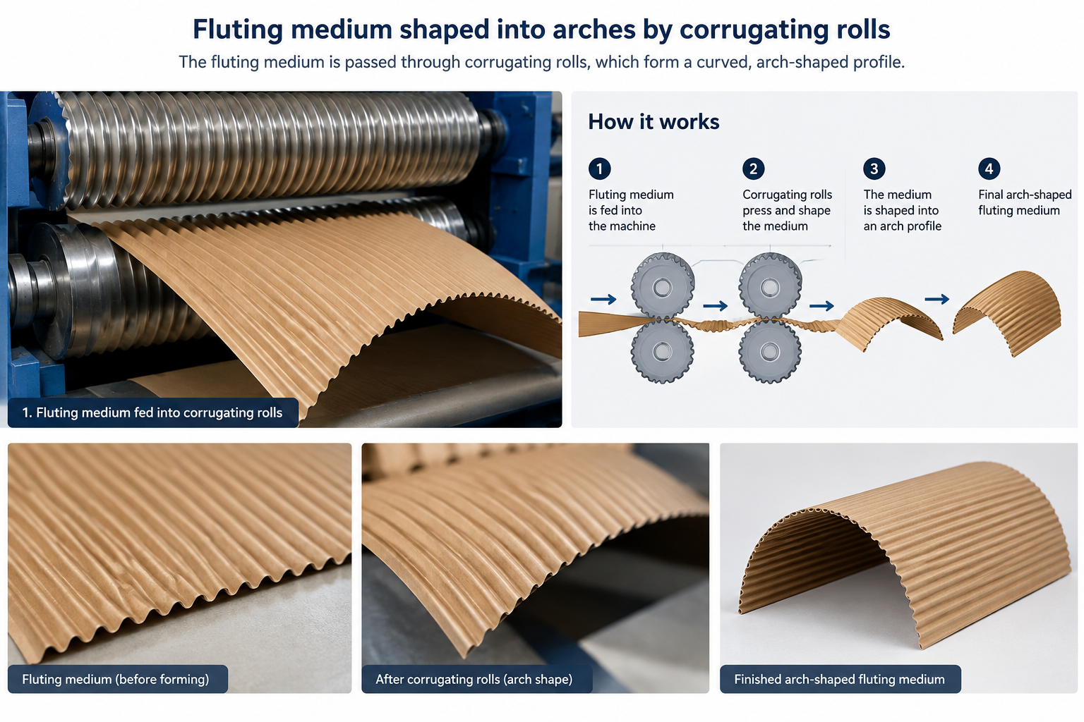 Corrugation process bonding fluting medium to linerboard with starch adhesive
