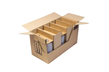 Corrugated boxes for chemical and resin transport with hazard handling icons