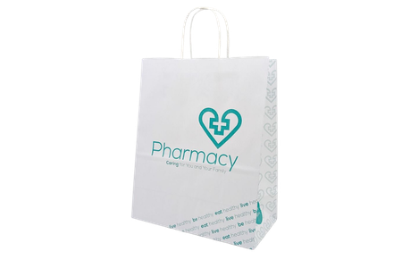 Kraft pharmacy bags with branding for health and wellness products