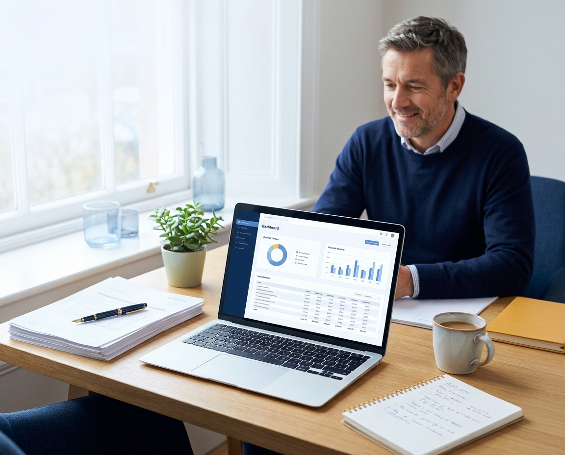 A consultant reviewing financial records on a laptop, representing practical accounting for consultants