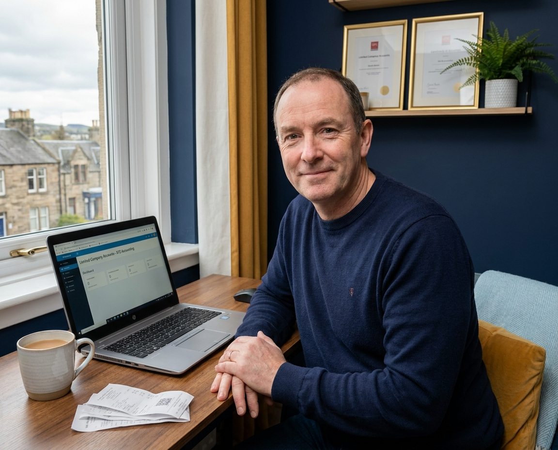 A business owner reviewing limited company accounting documents at a desk, representing the practical steps of managing a UK limited company