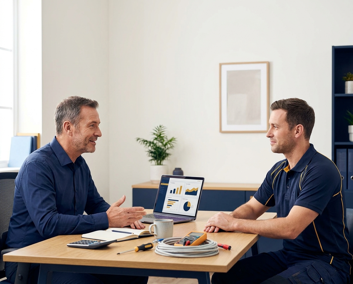 Self-employed electrician reviewing financial paperwork and considering whether they need an accountant