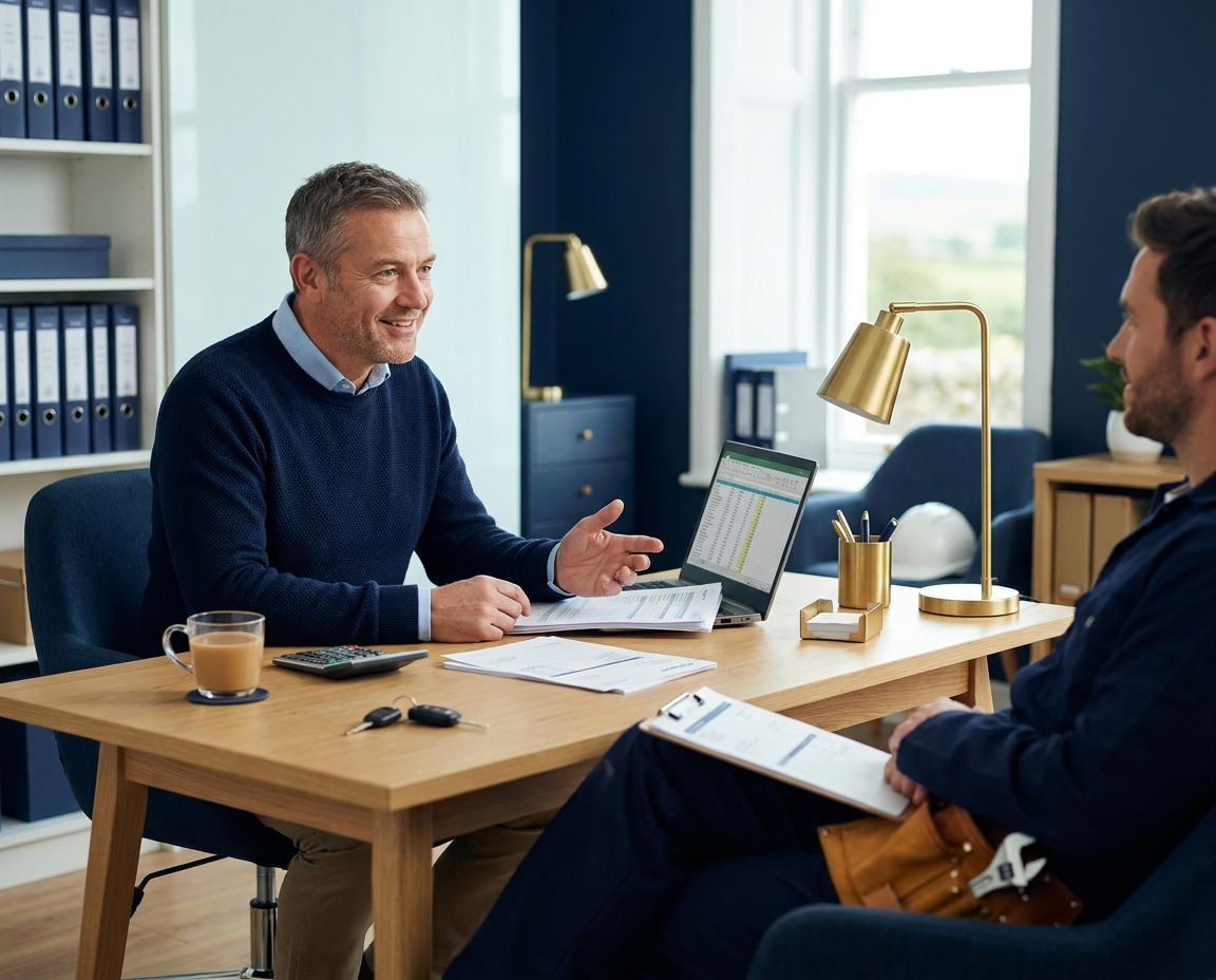 A self-employed plumber reviewing their business finances and accounting records