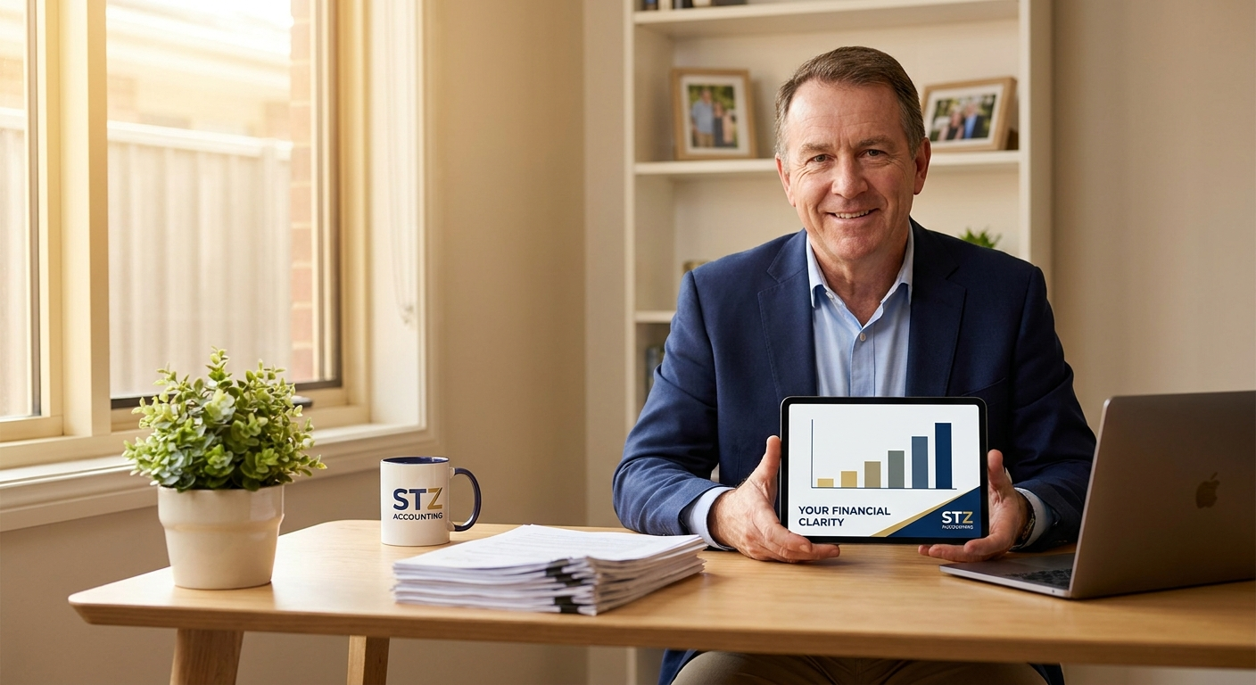 Small business owner reviewing accounts with STZ Accounting, a personal accounting service for sole traders and limited companies across Scotland and the UK