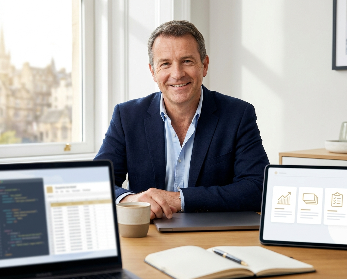 IT contractor at a desk reviewing tax and accounting information on a laptop