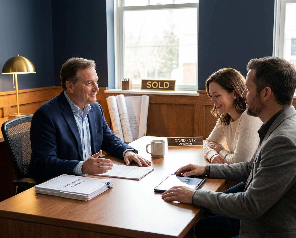 Property investor reviewing tax paperwork and rental income figures at a desk