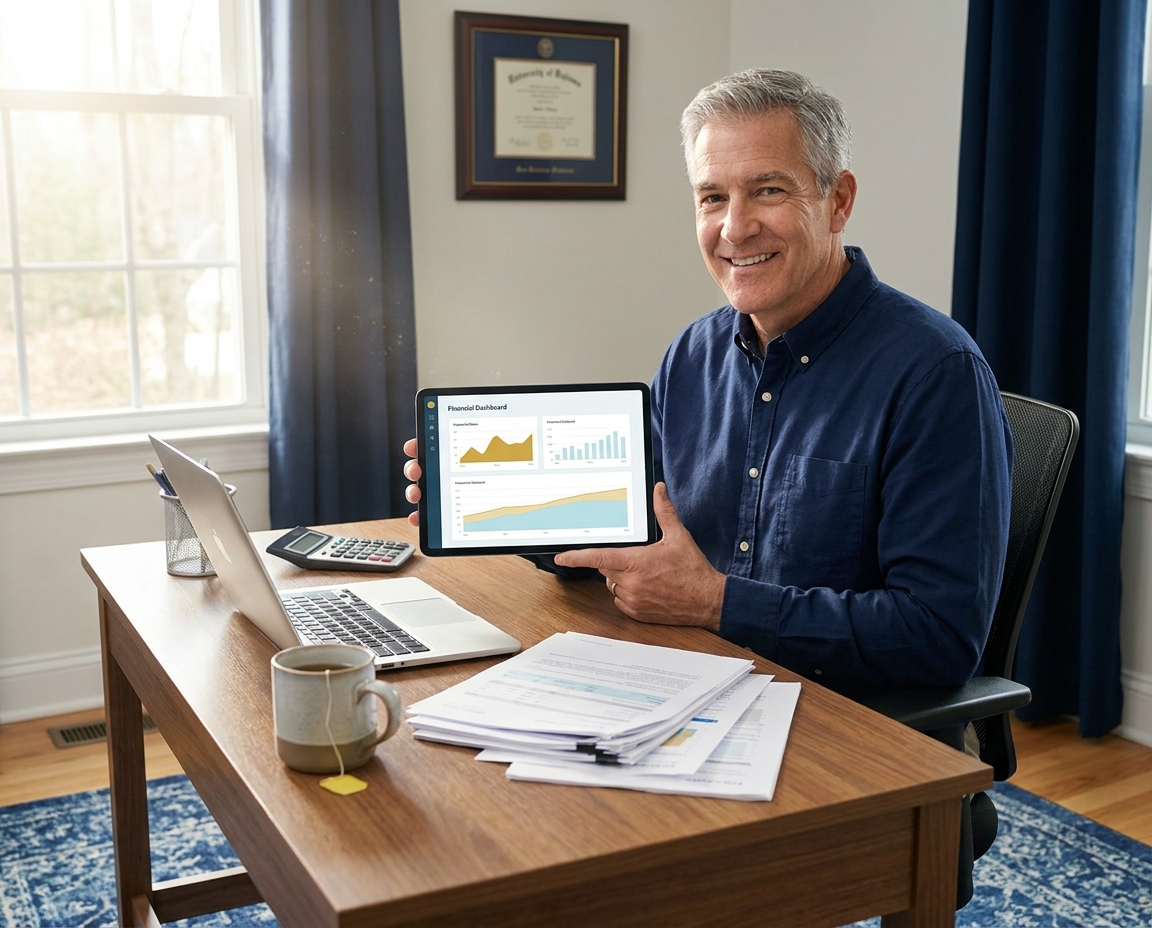 Small business owner reviewing monthly bookkeeping records on a laptop at a desk