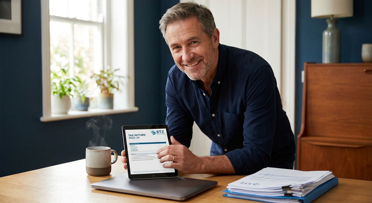 Person reviewing paperwork at a desk, representing the self assessment tax return process for UK sole traders and landlords