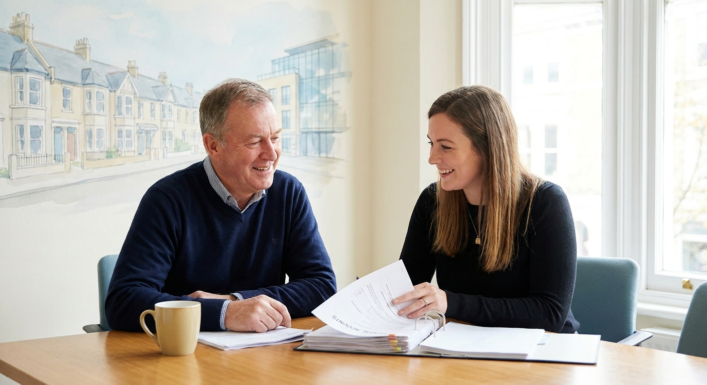 Landlord reviewing rental property accounts and self assessment paperwork with an accountant