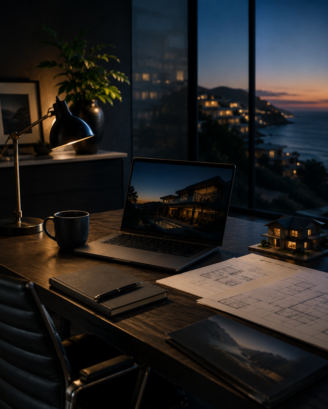 Real estate financing strategy workspace overlooking the Southern California coast