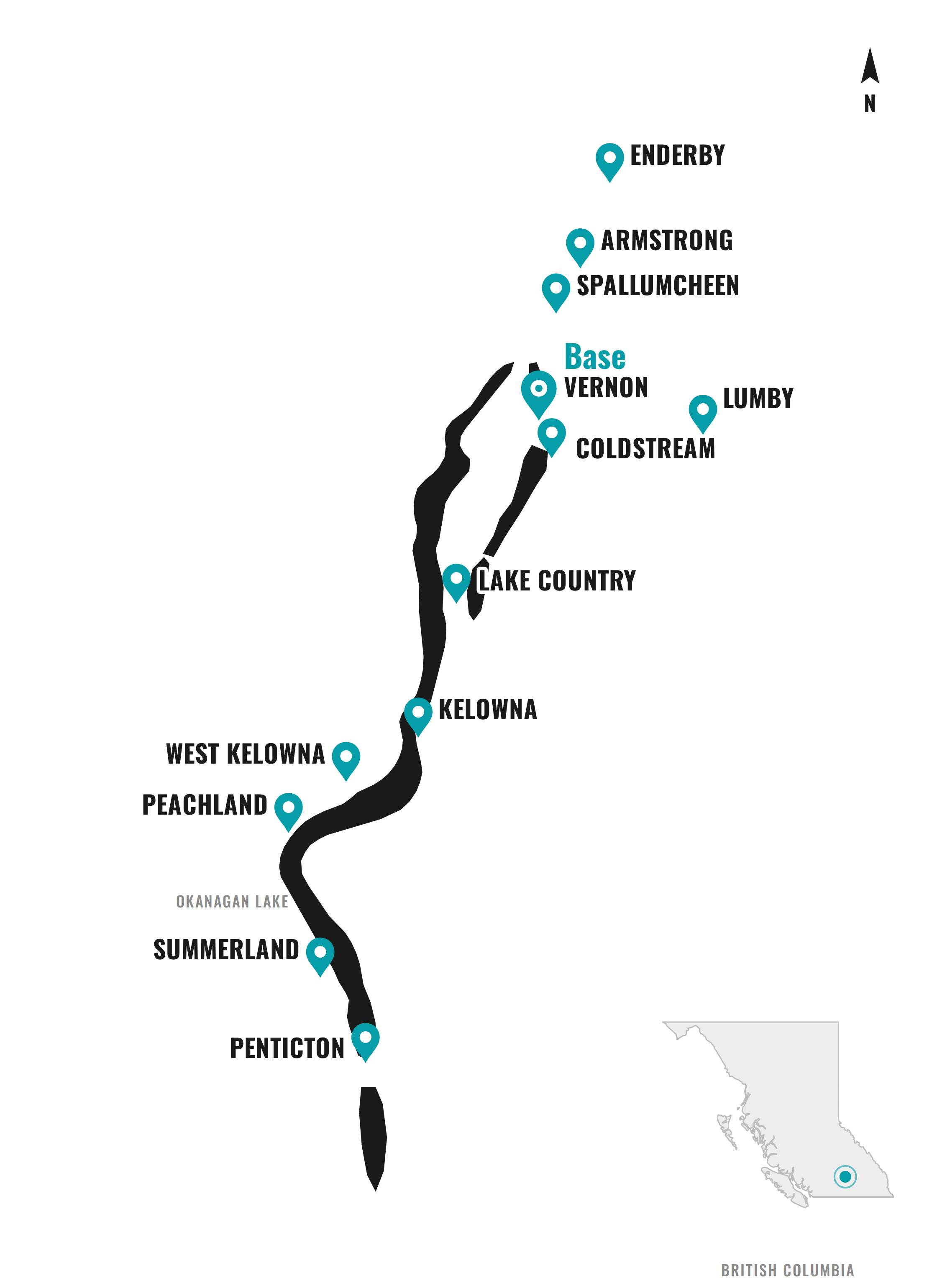 c4u Inspections service area map, North Okanagan to the South Okanagan