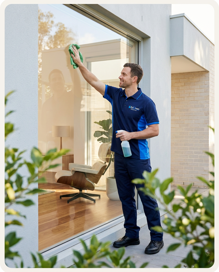 EziCleen operator cleaning exterior windows of a modern home