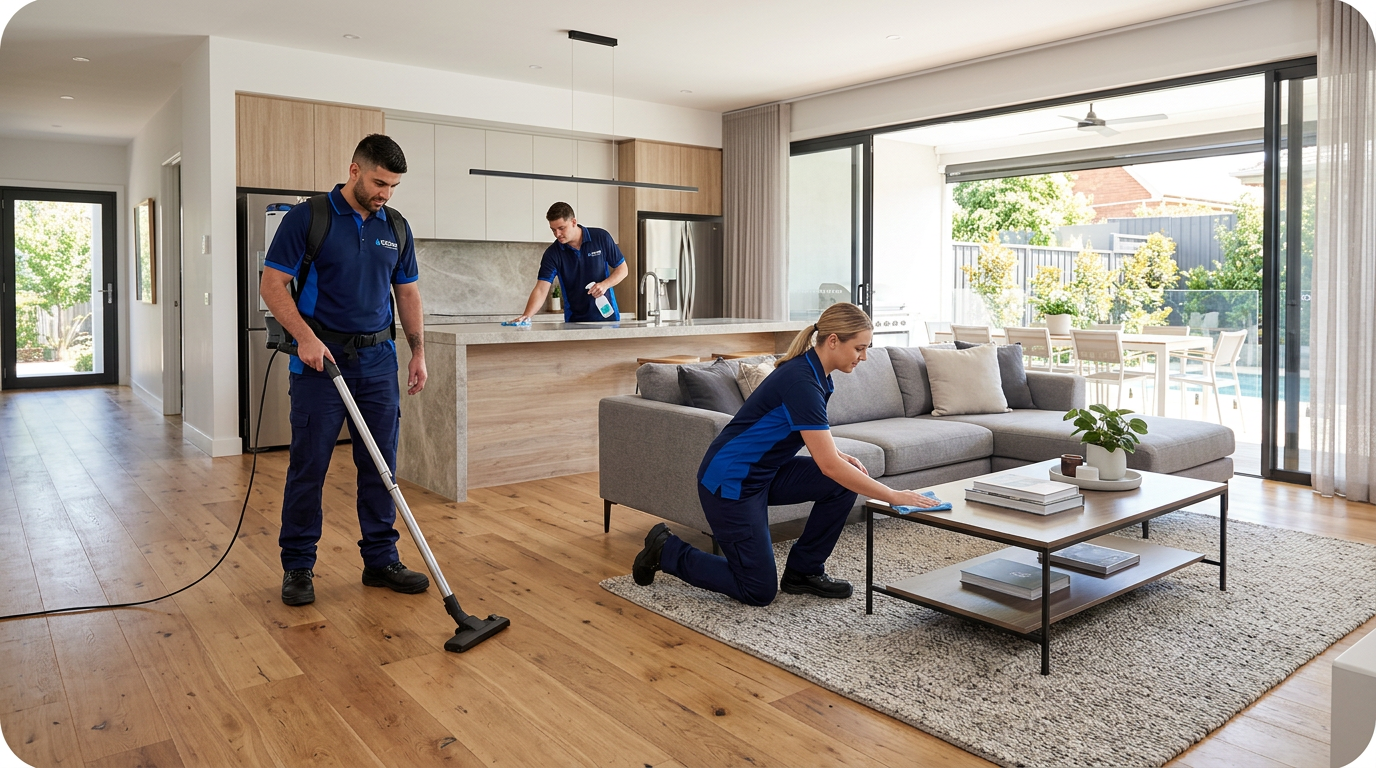 EziCleen team cleaning a modern open-plan home