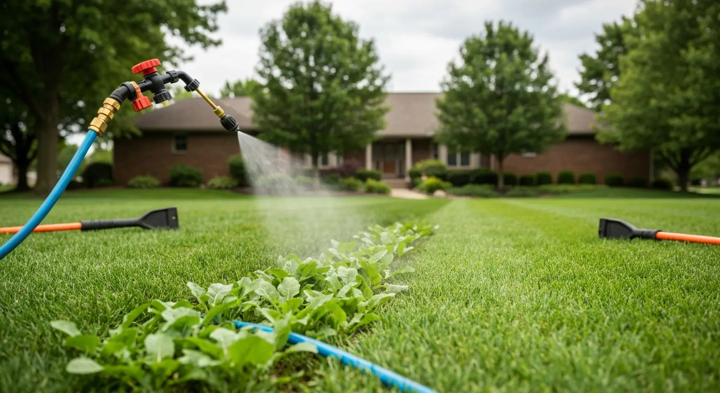 Weed control service in suburban lawn
