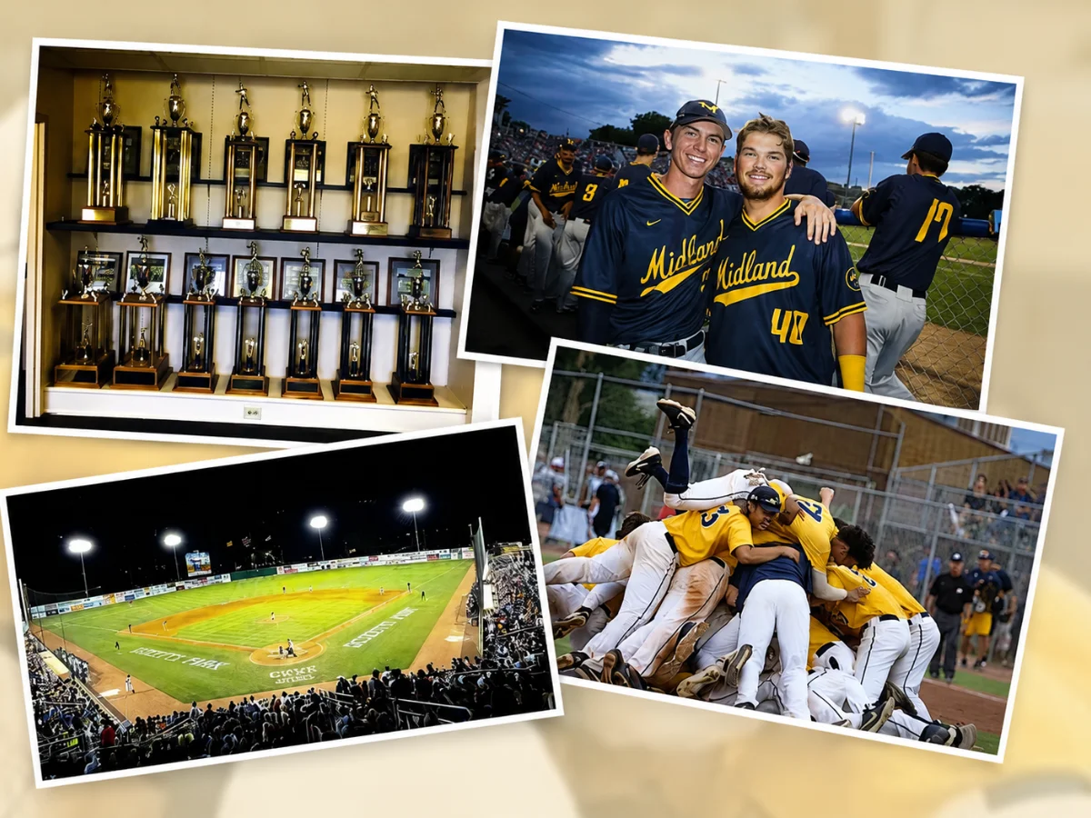 A collage showing Midland baseball team players, a display of trophies, a night game field view, and players celebrating.