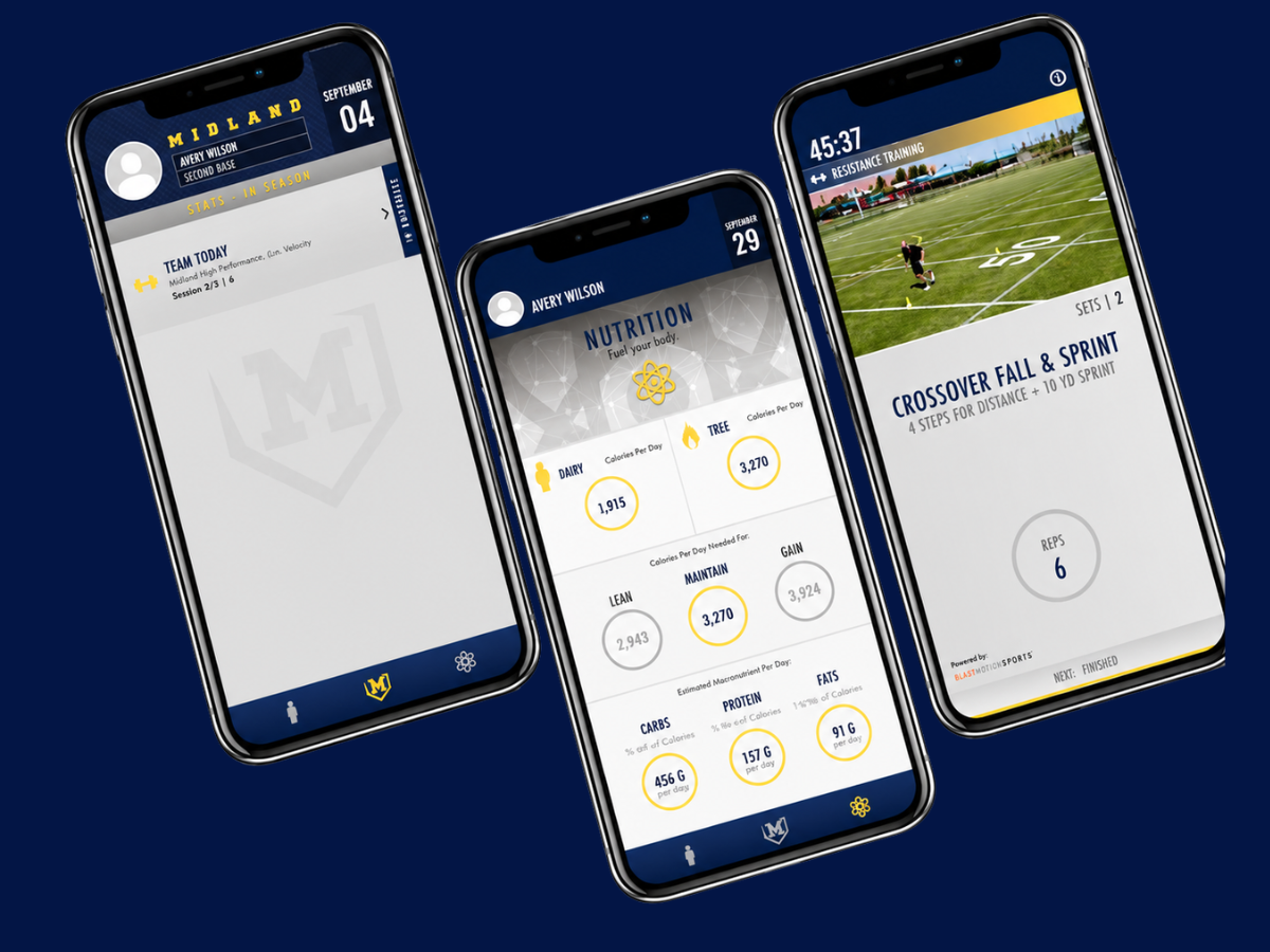 Three smartphone screens displaying a fitness app with team day schedule, nutrition tracking, and resistance training exercises.
