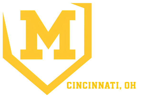 A yellow block letter 'M' emblem against a white background, framed by a yellow baseball home plate shape.