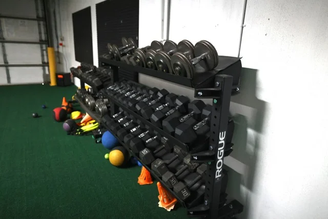 A black Rogue dumbbell rack filled with various weights, including hexagonal and round dumbbells, in a gym with green turf flooring.